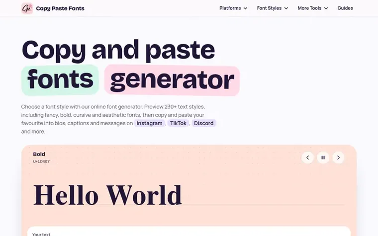 Screenshot of the Copy Paste Fonts homepage