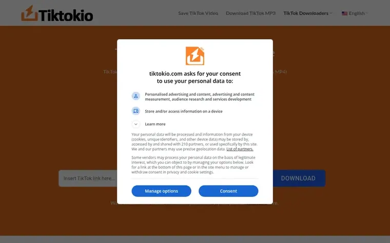 Screenshot of the TikTokio homepage