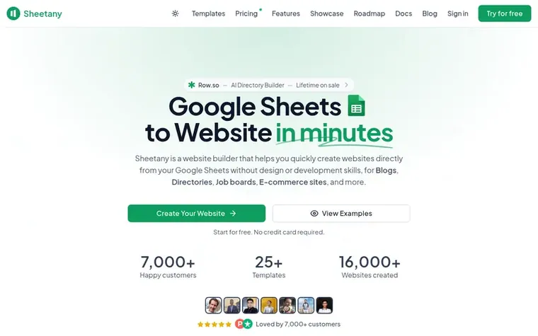 Screenshot of the Sheetany homepage