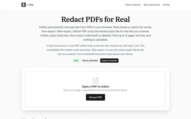 Screenshot of the InkOut PDF homepage