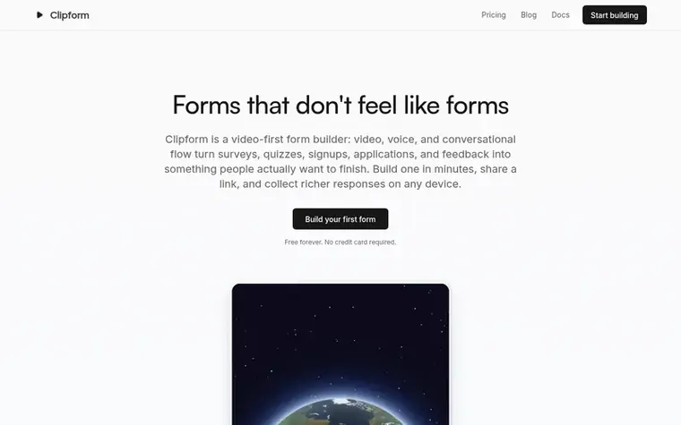 Screenshot of the Clipform homepage