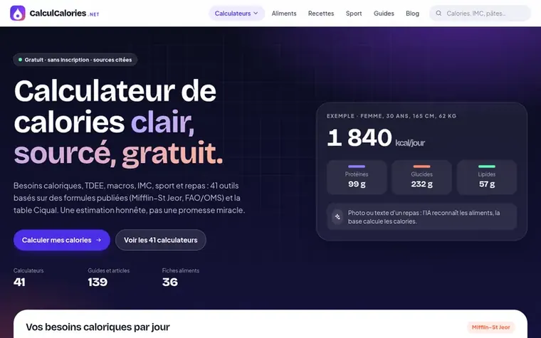 Screenshot of the CalculCalories homepage