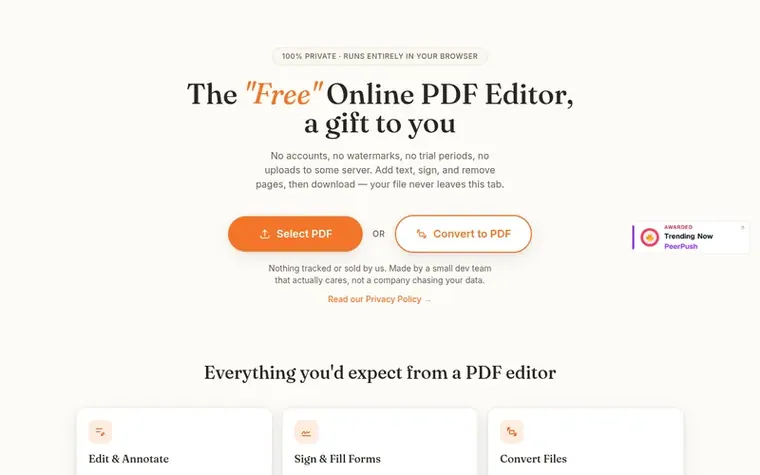 Screenshot of the Free Online PDF Editor homepage