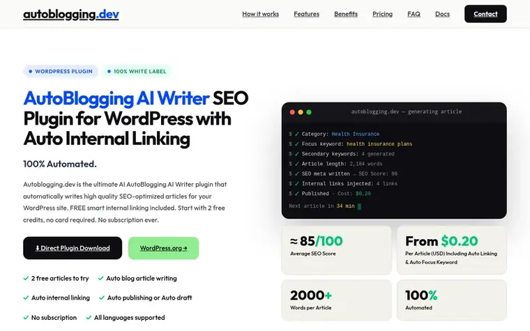 Screenshot of the AutoBlogging AI Writer homepage