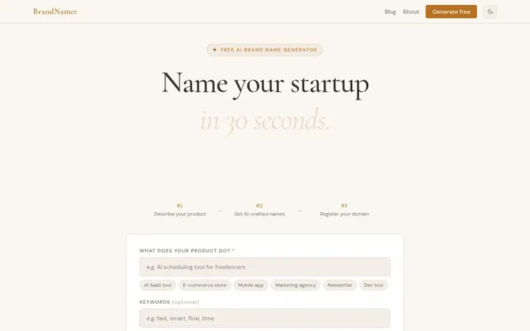 Screenshot of the BrandNamer homepage