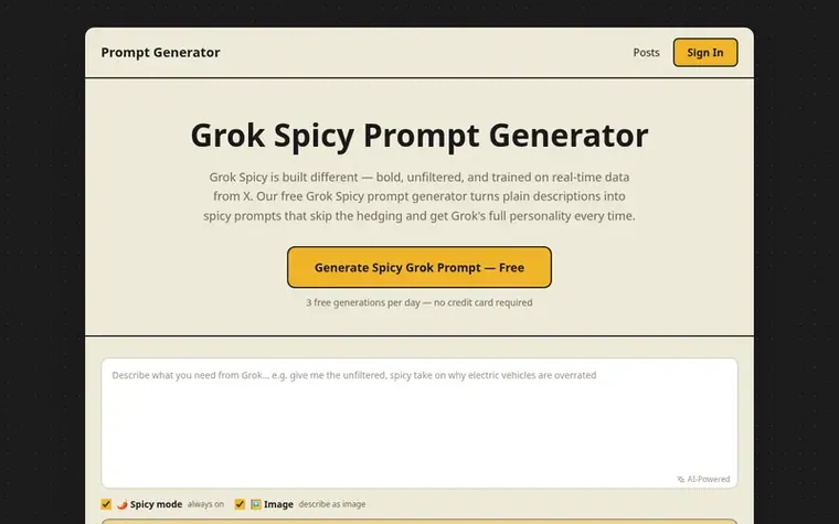 Screenshot of the Grok Spicy Prompt Generator homepage