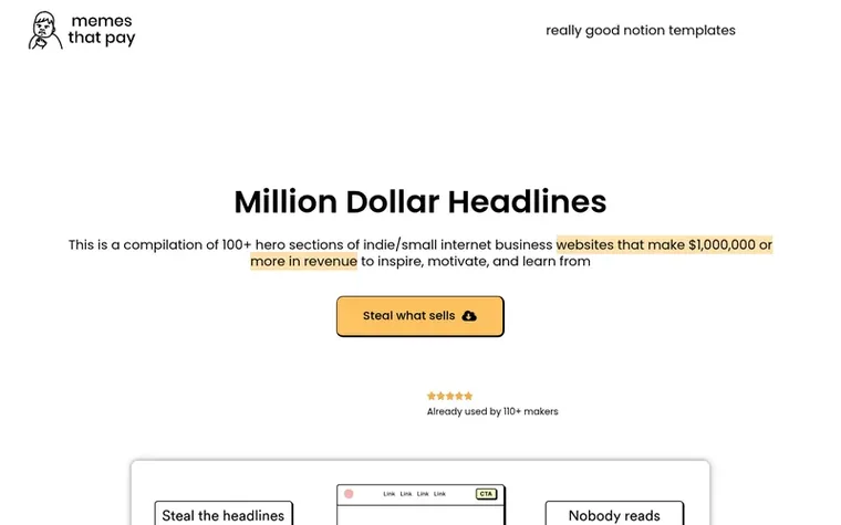 Screenshot of the Million Dollar Headlines homepage