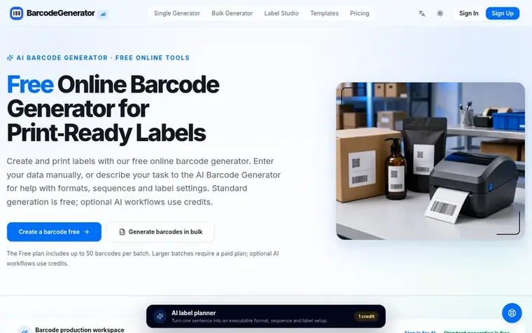 Screenshot of the BarcodeGenerator.ai homepage