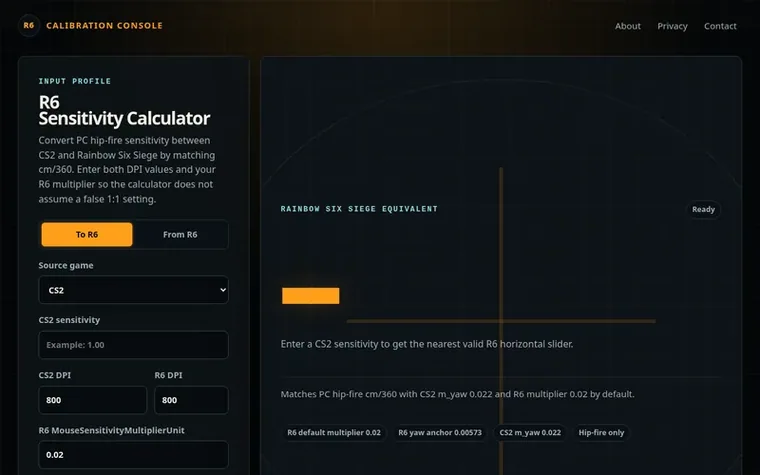 Screenshot of the R6 Sensitivity Calculator homepage