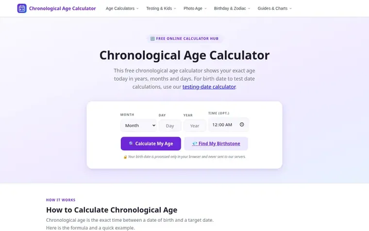 Screenshot of the Chronological Age Calculator homepage