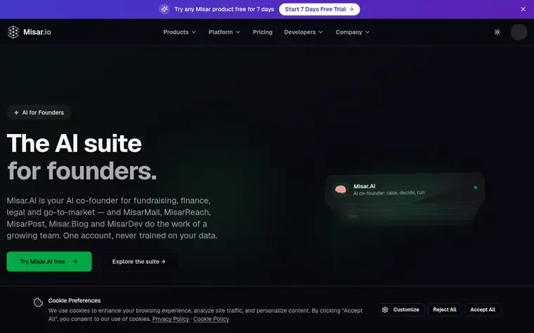 Screenshot of the Misar.AI homepage
