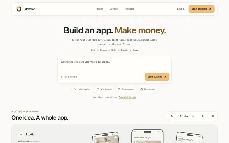 Screenshot of the Cicrew homepage