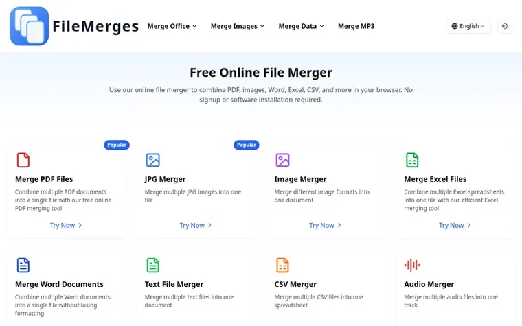 Screenshot of the FileMerges homepage