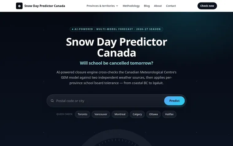 Screenshot of the Snow Day Predictor Canada homepage