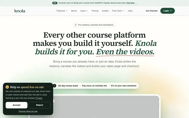 Screenshot of the Knola homepage