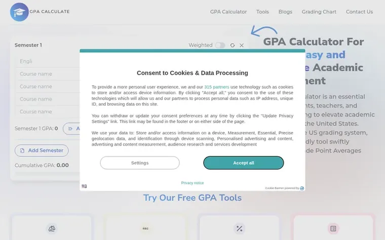 Screenshot of the GPA Calculate homepage