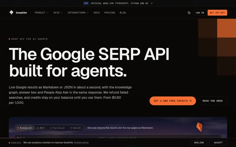 Screenshot of the SerpKite homepage