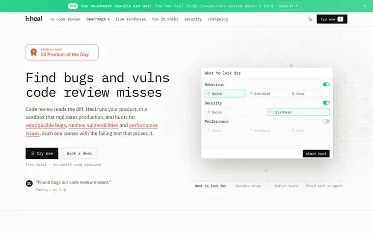 Screenshot of the heal homepage