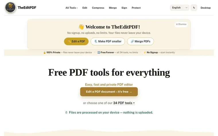 Screenshot of the TheEditPDF homepage