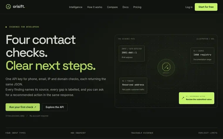 Screenshot of the Orisift homepage