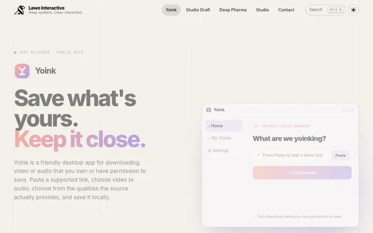Screenshot of the Yoink homepage
