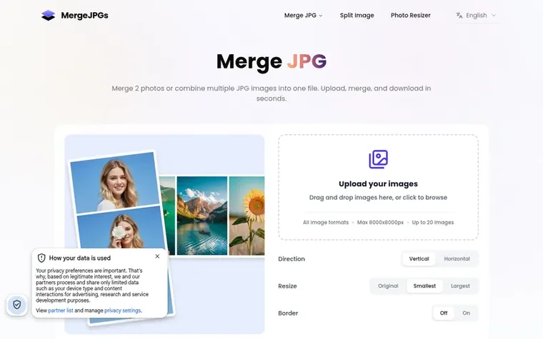 Screenshot of the Merge JPGs homepage