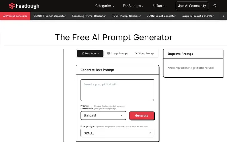 Screenshot of the Feedough AI Prompt Generator homepage