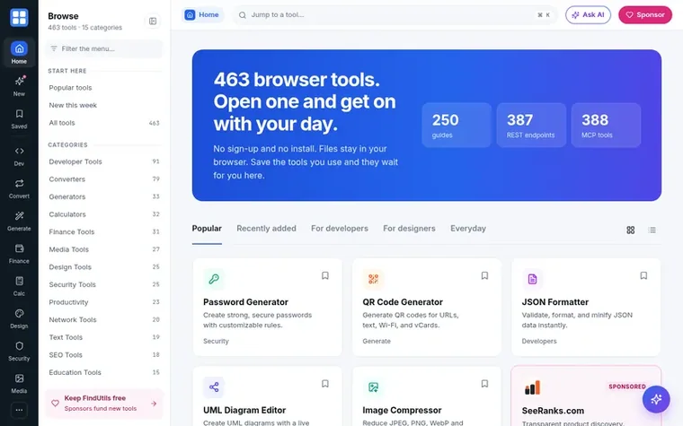 Screenshot of the FindUtils homepage