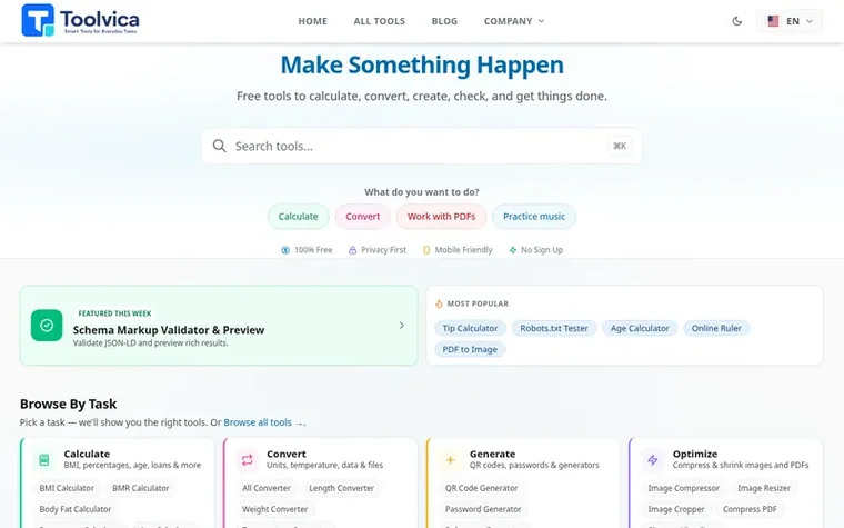 Screenshot of the Toolvica homepage