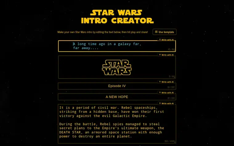 Screenshot of the Star Wars Intro Creator homepage
