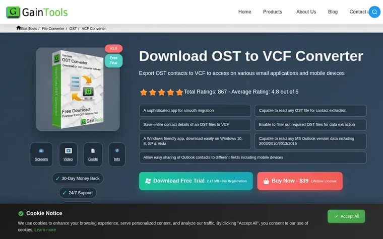 Screenshot of the GainTools OST to VCF Converter homepage