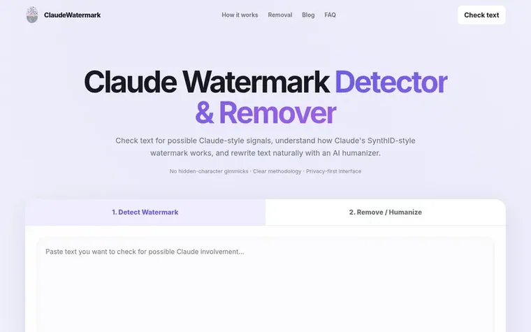 Screenshot of the Claude Watermark Detector & Remover homepage