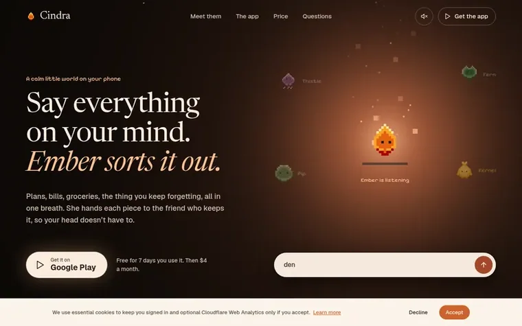 Screenshot of the Cindra homepage