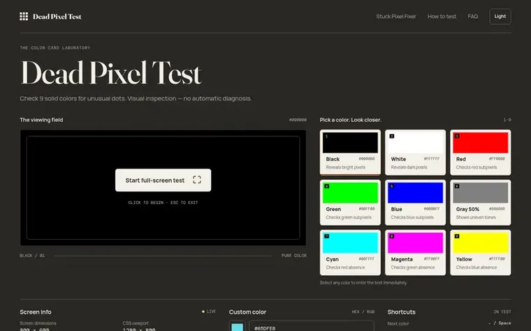 Screenshot of the Dead Pixel Test homepage