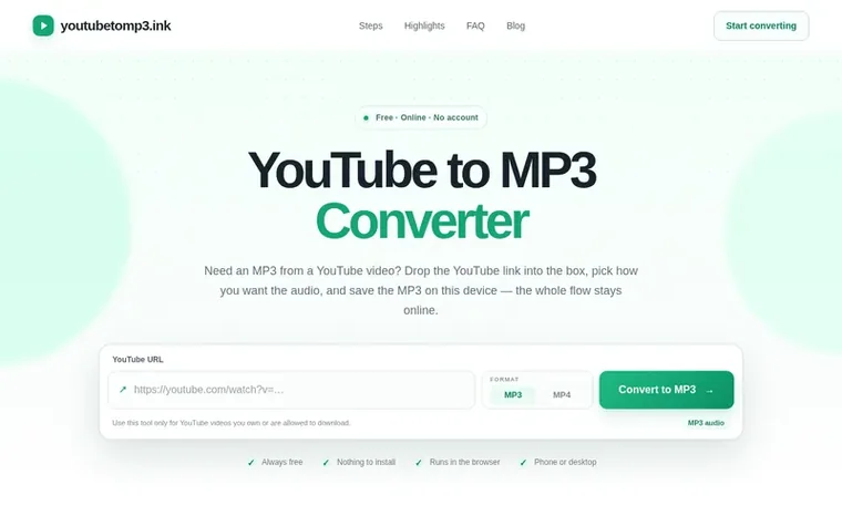 Screenshot of the youtubetomp3.ink homepage
