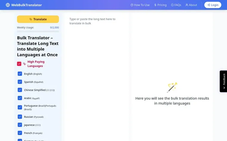 Screenshot of the WebBulkTranslator homepage