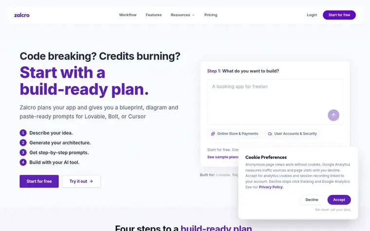 Screenshot of the Zalcro homepage