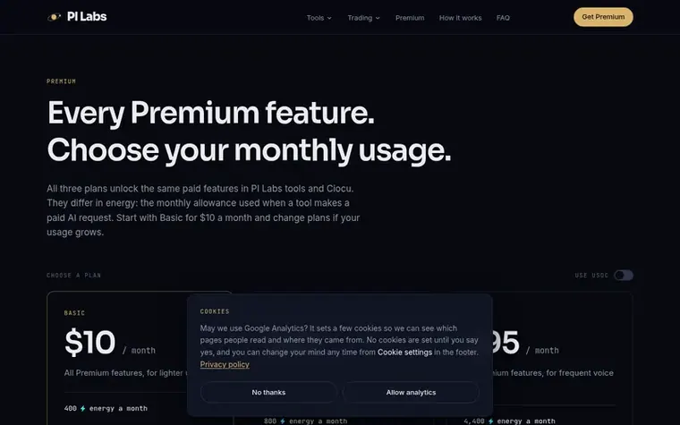 Screenshot of the PI Labs homepage