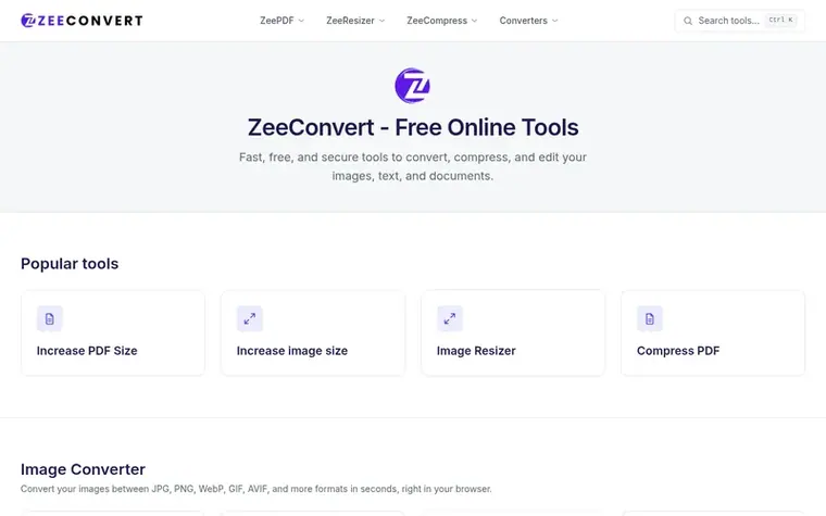 Screenshot of the ZeeConvert homepage