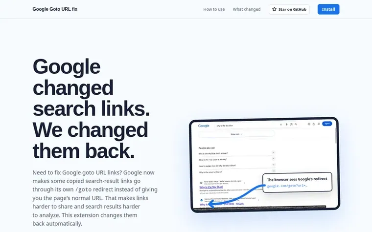 Screenshot of the Google Goto URL Fix homepage