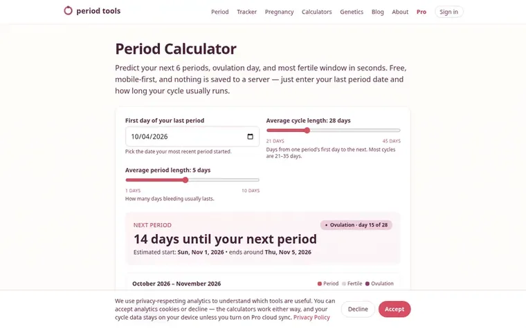 Screenshot of the Period Tools homepage