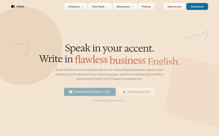 Screenshot of the Oravo homepage