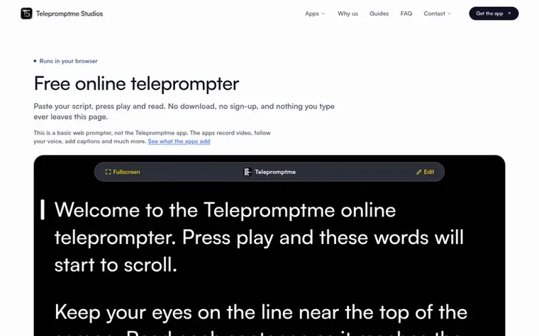 Screenshot of the Telepromptme homepage