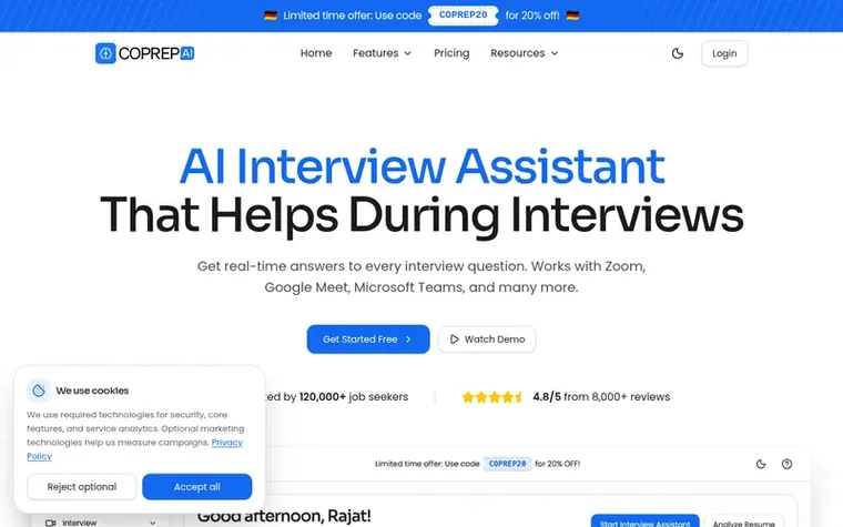 Screenshot of the CoPrep AI homepage