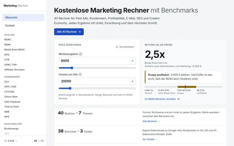 Screenshot of the Marketing-Rechner homepage