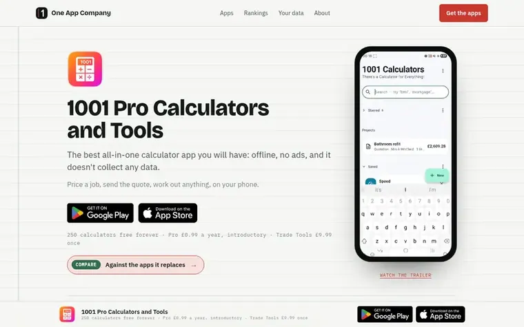Screenshot of the 1001 Pro Calculators and Tools homepage