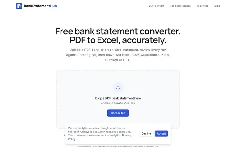 Screenshot of the BankStatementHub homepage