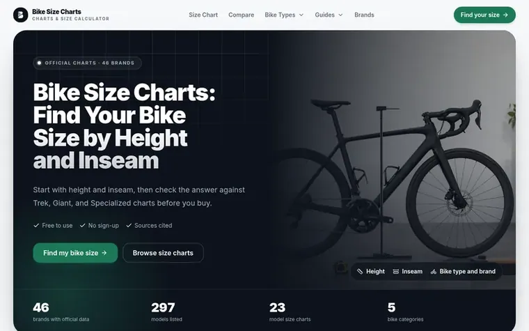 Screenshot of the Bike Size Charts homepage
