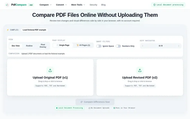 Screenshot of the PdfCompare homepage