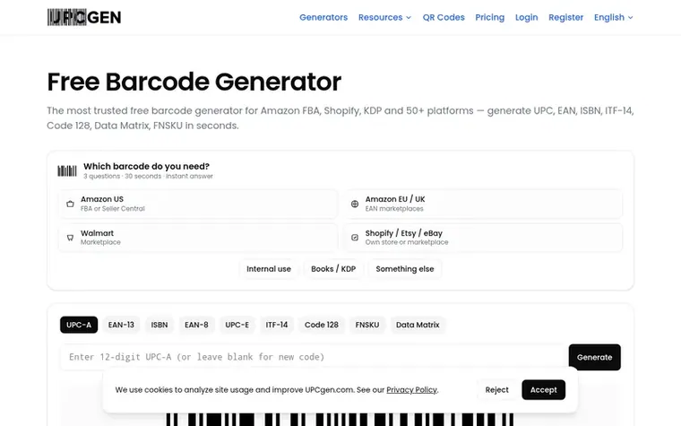 Screenshot of the UPCgen homepage